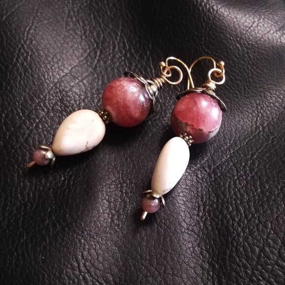 Uniquely Handmade + One-of-a-kind Dangle Earrings! Huge Pink Rhodochrosite Beads - Picture 8 of 10